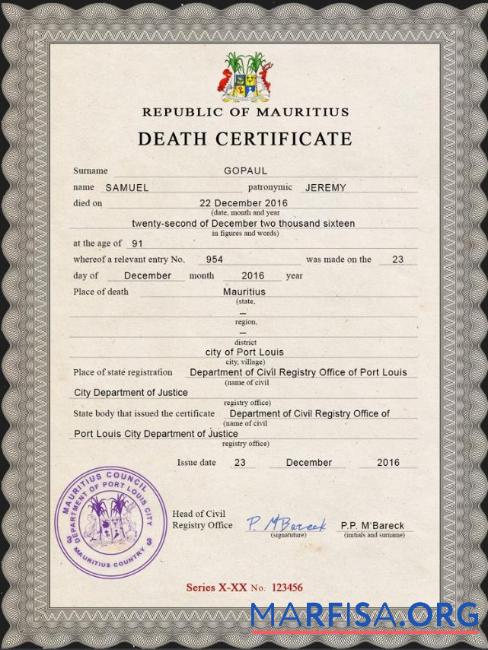 Printable Mauritius vital record death certificate PSD template